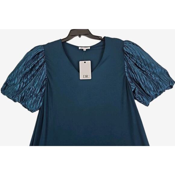 DR2~Woman Sz XL~ Dark Green Pleated Puff Satin Sleeve V-Neck Knit Top Blouse NWT - Picture 11 of 12